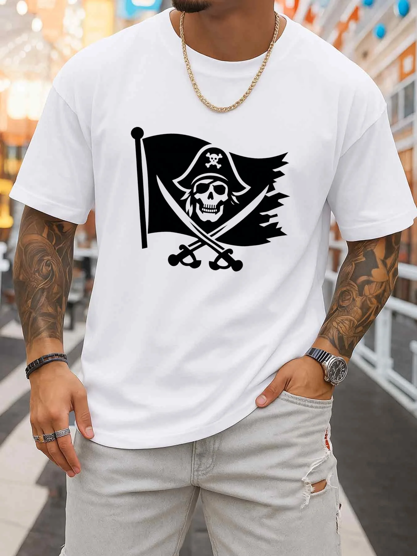 Men's Pirate Flag Skull T-Shirt - Short-Sleeved Crew Neck Casual Shirt with Skull and Pirate Print, Breathable Design, Suitable for Casual Wear, Themed Parties, Office, and Weekend Outfits - Machine Washable Men's Clothing (Regular Fit)