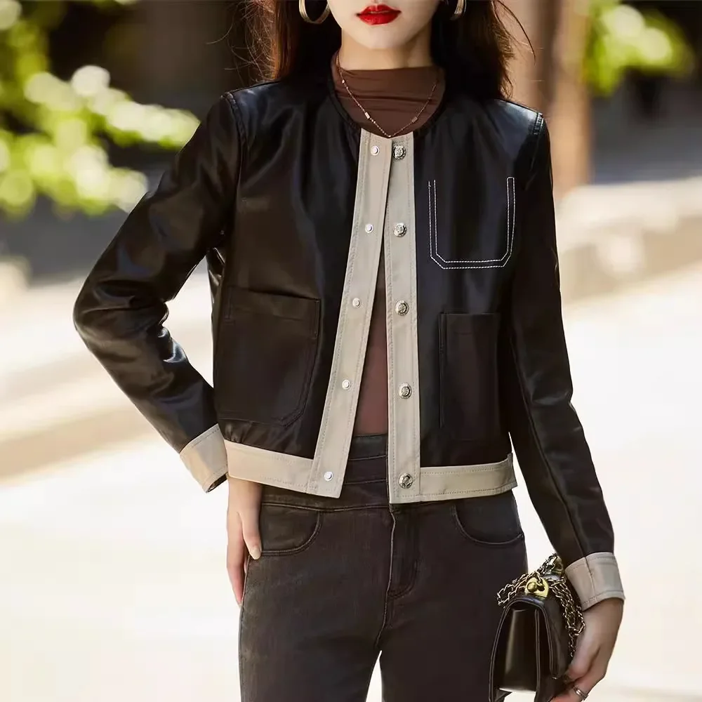 Women's Round Neck Color Block Stitched Detail Loose Cropped Faux Leather Jacket Elegant Slimming Trendy All-match Commute Coat