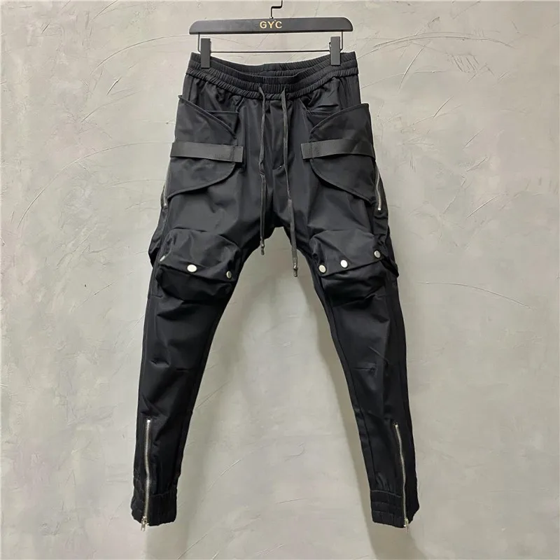 Calças de bolso preto com zíper para homens e mulheres, calça casual tapada, moda motociclista, estilo avant-garde techwear