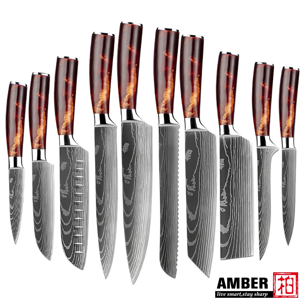 العنبر دمشق الليزر نمط الكربون سكين الطاهي عالية الكربون S/S 4Cr13 طقم سكاكين المطبخ سكين Santoku مع مقبض الراتنج الأحمر/الأزرق