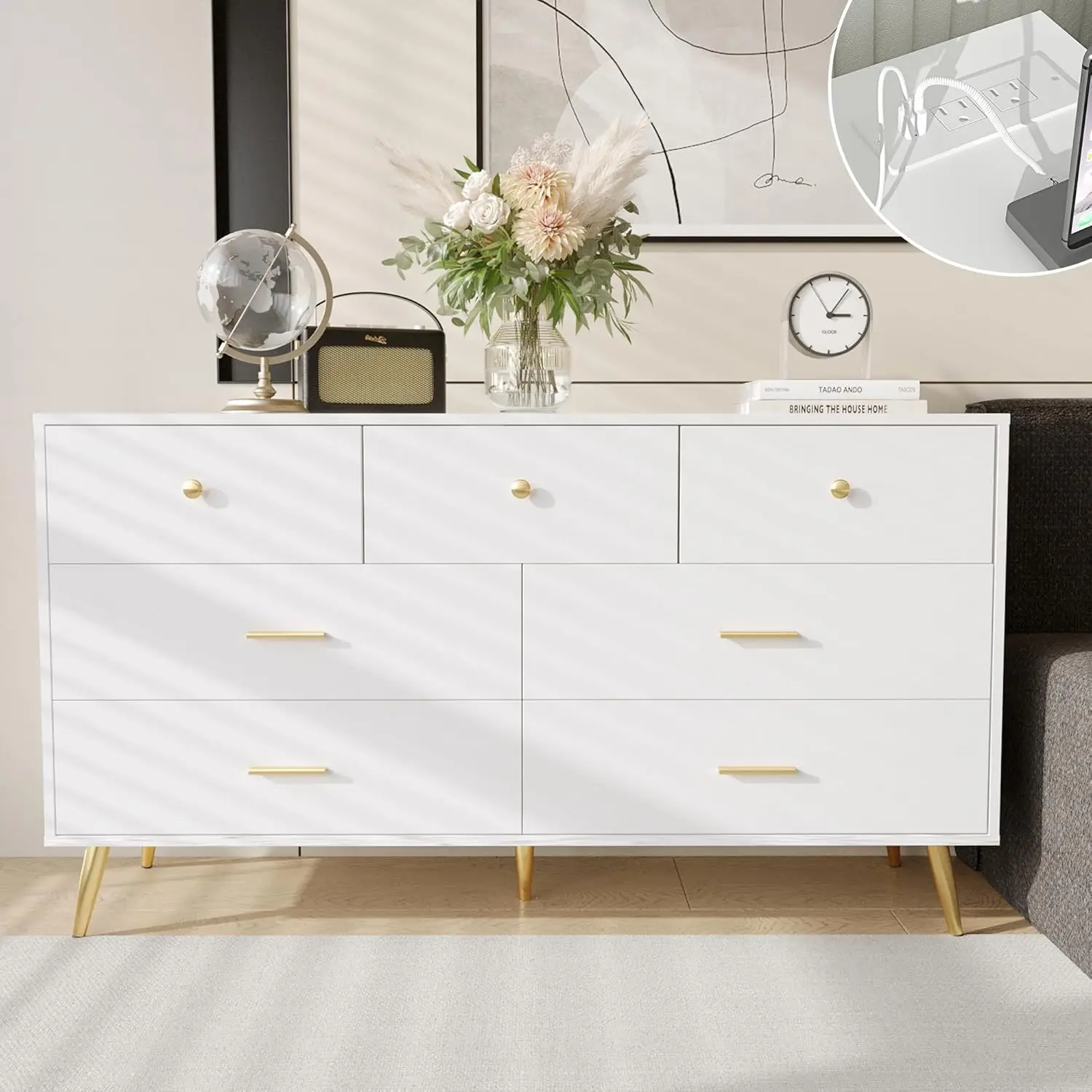 White Dresser for Bedroom, 7 Drawer Dresser with Charging Station, Wood Chest of Drawers with Gold Handles, Modern Dressers