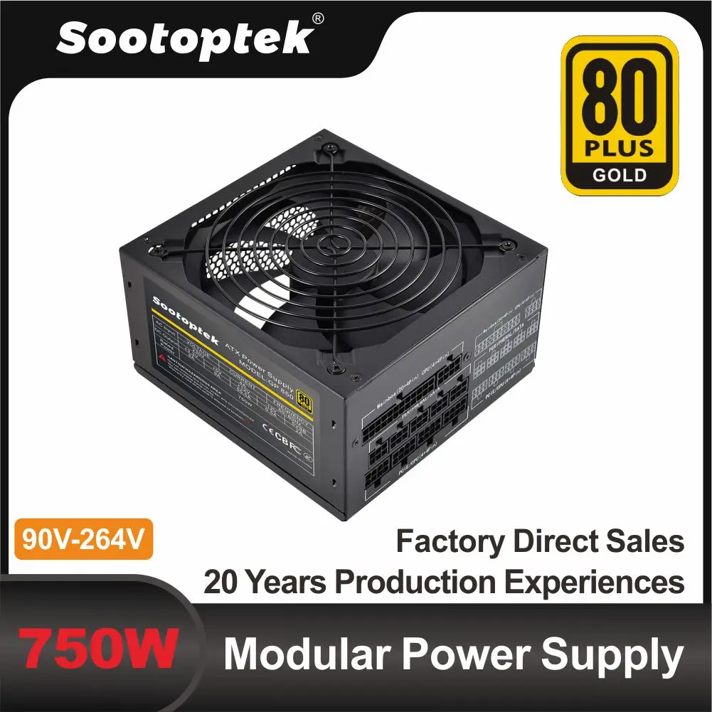 Atx moduler psu 750w 80 plus ouro 90v-264v venda quente i/o comutação fonte de alimentação do pc apfc oem de tensão completa