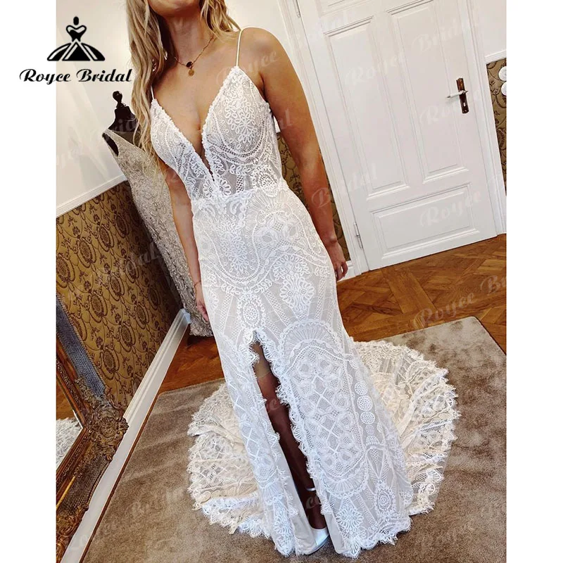 Spaghetti Straps Lace Mermaid Wedding Dresses Trumpet 2023 Vestido Bohemio Sexy Bridal Beach Wedding Gowns for Women Front Split