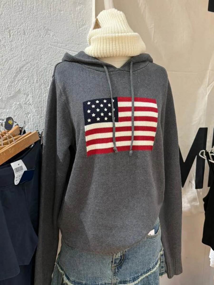 

Жаккардовый свитер с капюшоном и флагом, осенний свободный вязаный пуловер с длинными рукавами, свитера, женские винтажные уличные хлопковые джемперы, топы Y2k