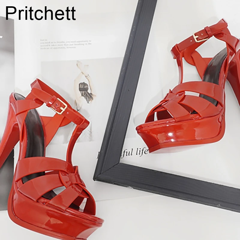 

Black Leather Cowhide Super High-heel Fish Mouth Shoes Waterproof Platform Buckle Sandals Luxury Banquet Fashion Women's Shoes