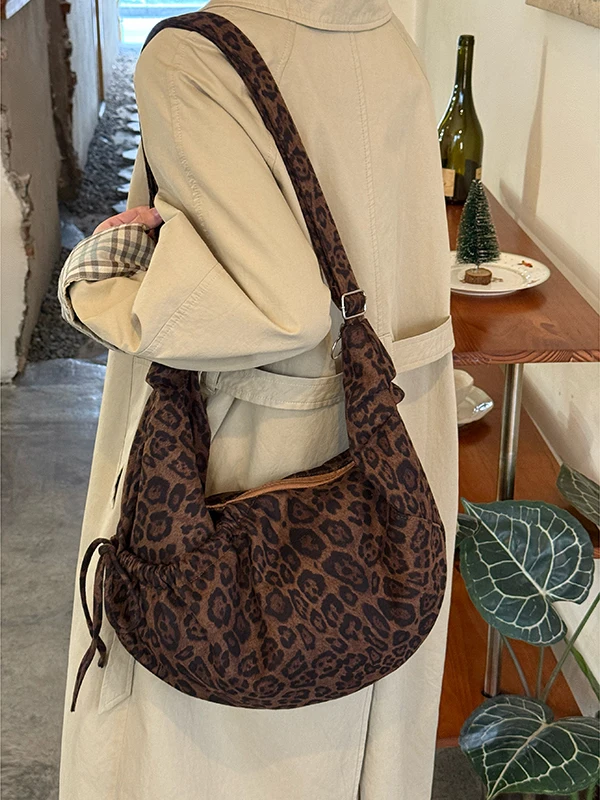 Korean Sle Retro Leopard Print Folded over oulder Bag Large Capaci Women's New Faion Crossbody Bag Commuting Single S...