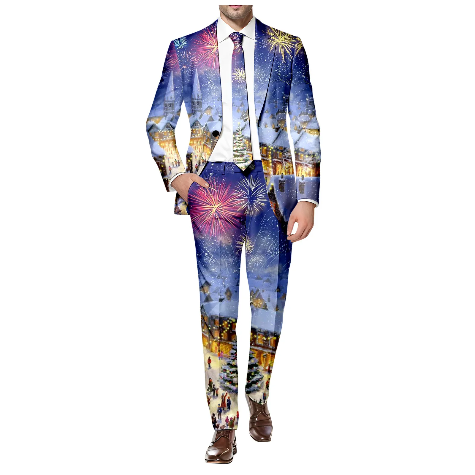 Slim Fit Casual Comfortable Suit Jacket Lapel Single Button Christmas Print Suit Fashion Long Sleeved Business Suits Men