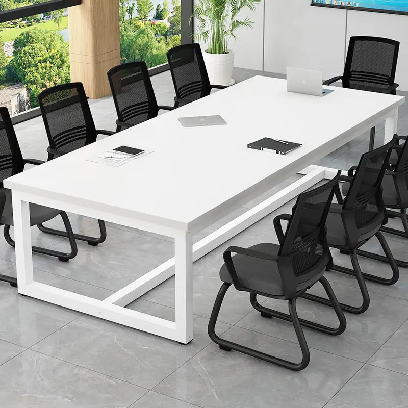 Bureau d'ordinateur moderne, de jeu, assis-debout, blanc, de luxe, long, avec organisateurs de conférence, mobilier commercial