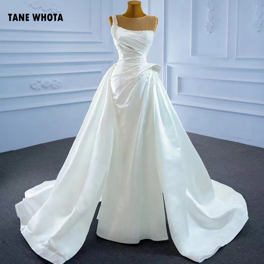 Customized O Neck Sleeveless Lace Up Back Wedding Dresse Beading Ruched Crystal Mermaid Brautkleid
