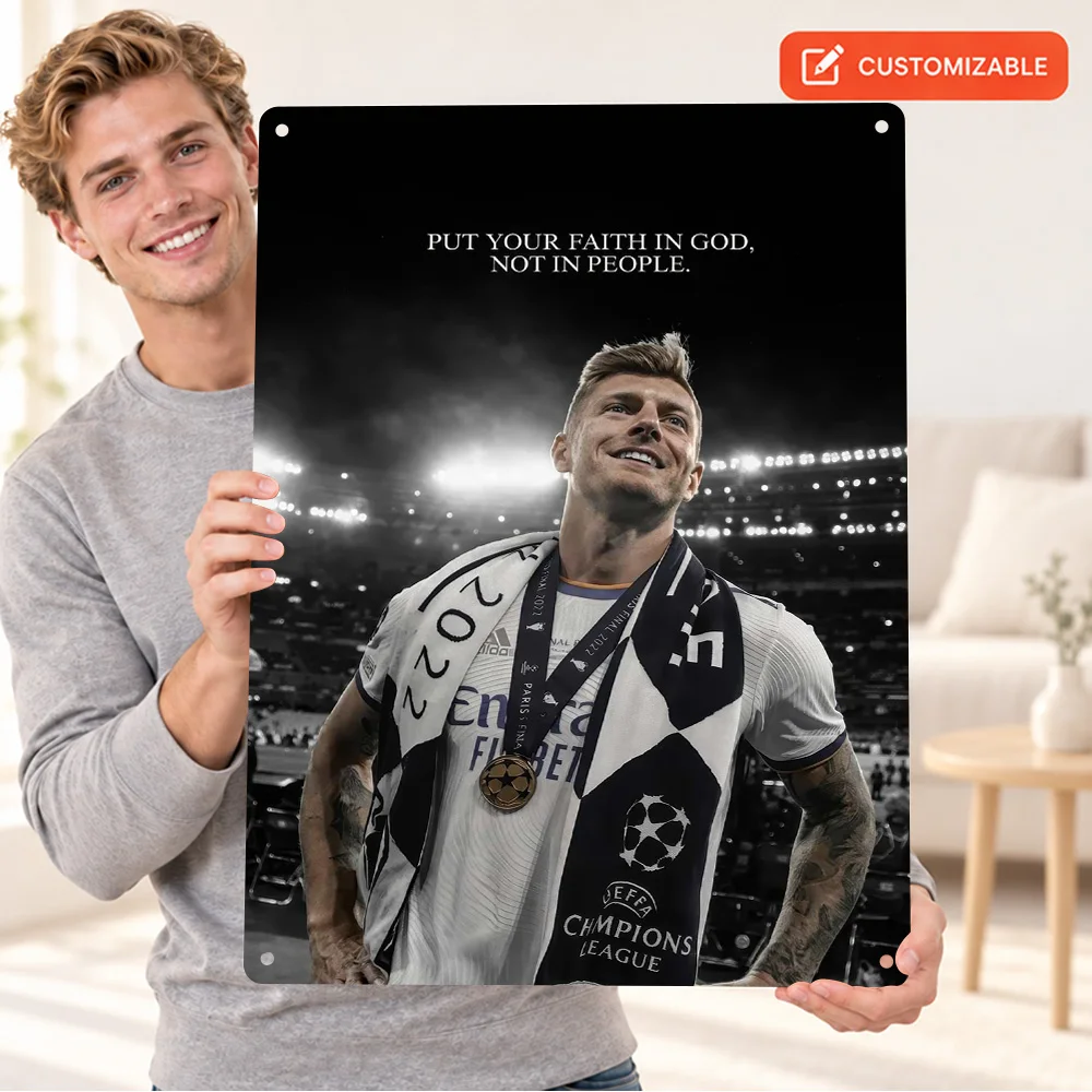Toni Kroos Victory Textured Metal Poster Customized Aluminum Sign Black And White With Color Accents Wall Art For Living Room