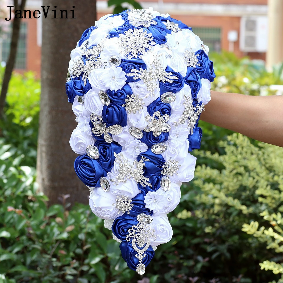 JaneVini New Silver Jewelry Cascading Bridal Bouquet Waterfall Wedding Bouquet Luxury Beaded Crystal Royal Blue and White Flower