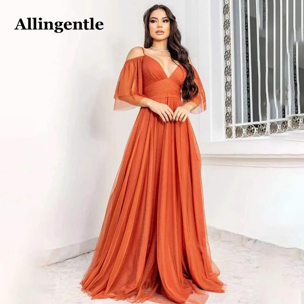 Allingentle Orange Tulle Spaghetti-Straps Prom Dress Deep V-Neck A Line Elegant Evening Formal Gowns Open Back Custom Made 2024