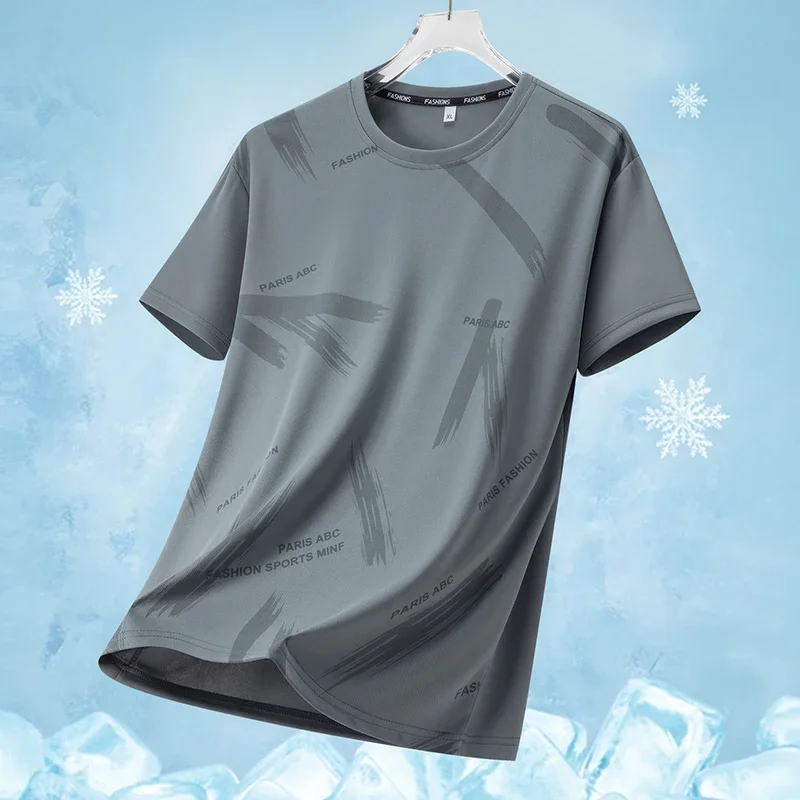 LIBIELIY Men's Personality Short Sleeve T-Shirt Trendy Thin Breathable Ice Silk Quick Dry Round Neck Running Sportswear