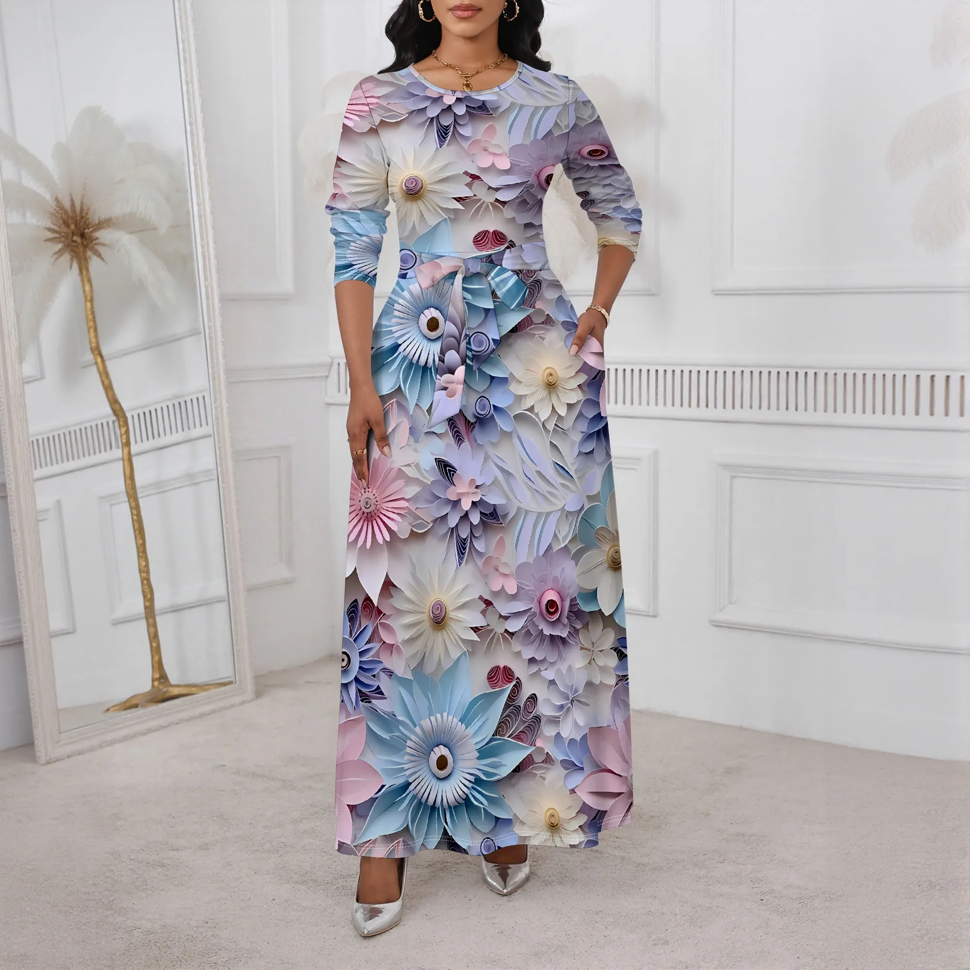 

Nupusa 3D Floral Print Dress for Women Standard Size Summer Casual Crew Neck Long Sleeve Maxi Dress