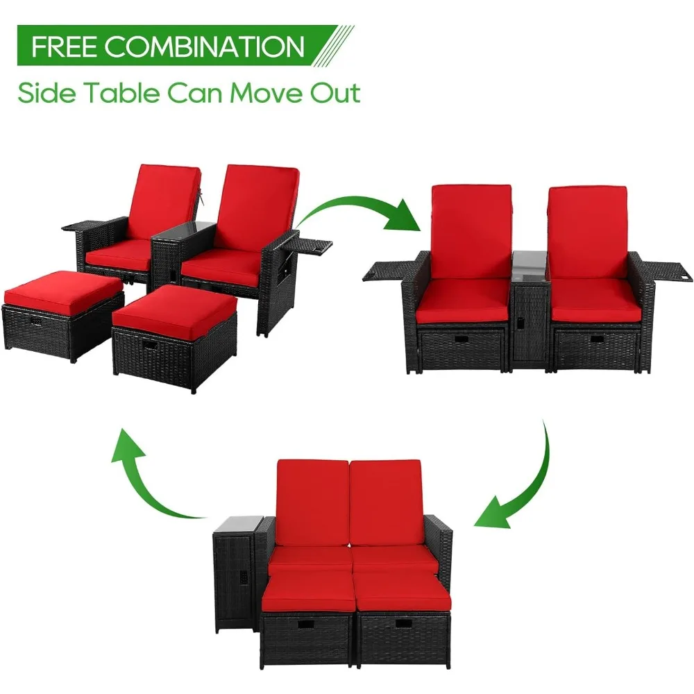 B 5pcs Patio Wicker Loveseat -with Cushion - Adjustable Lounge Chair with Ottoman Footrest,Furniture for Garden,Patio,Beach,Deck