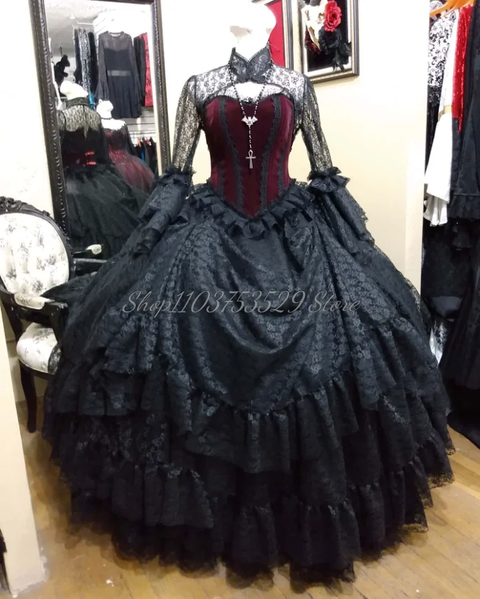 Klassische schwarze rote Rokoko-Abschlussballkleider, mittelalterliche Vintage-viktorianische