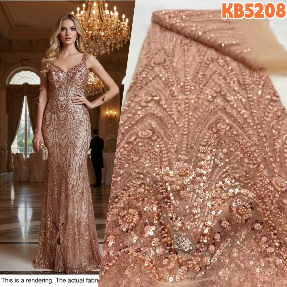 

Luxury African Fabric 5 Yards Sequins Stretch Mesh Gowns Lace Fabrics Nigerian Burnt Orange Beaded Fabric For Sewing KB5208