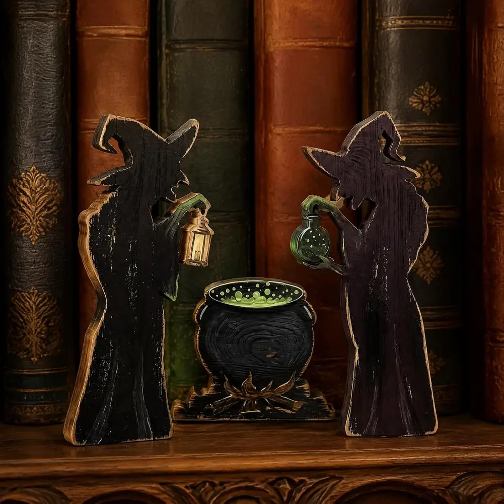 Halloween Gift for Her Halloween Wooden Witch Ornaments 3pcs Halloween Witch Cauldron Lantern Set Rustic Wooden Potion for Home