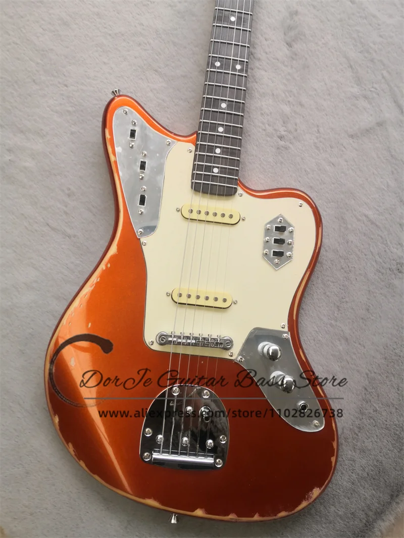 Metal Orange Electric Guitar Fixed bridge Vintage Body Rosewood fingerboard Cream Pickupguard Jag Guitar Factory cus