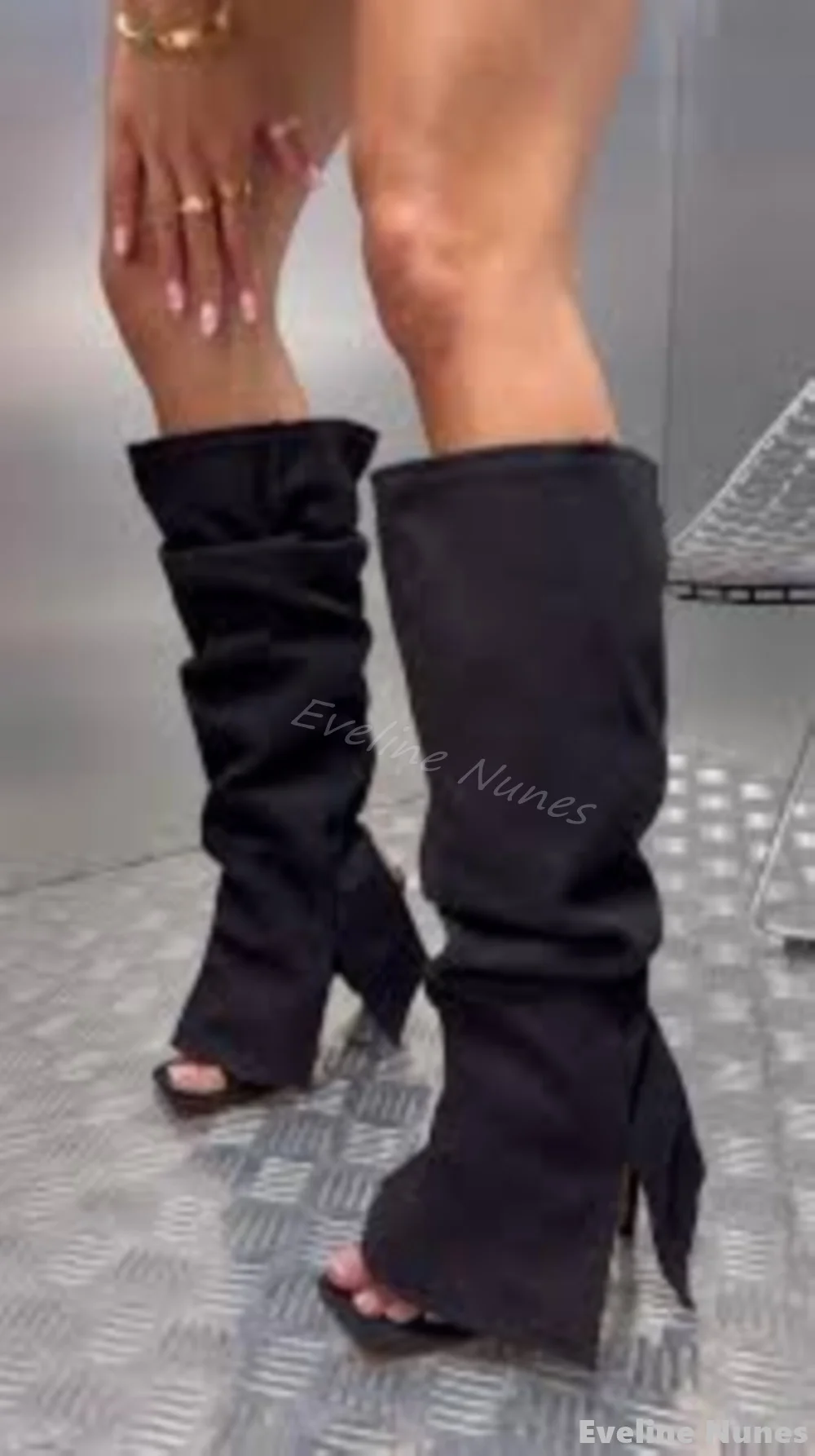 Black Open Toe Trouser Boots Women Summer Hollow Pleated Slip On Stiletto Heel Knee High Sandals 2025 New Fashion Catwalk Boots