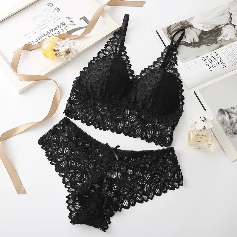 Women Lace Bra Set Deep V Bra and Panties Set Lace Bralette Seamless Underwear Embroidery Intimates Female Sexy Lingerie Set Wom