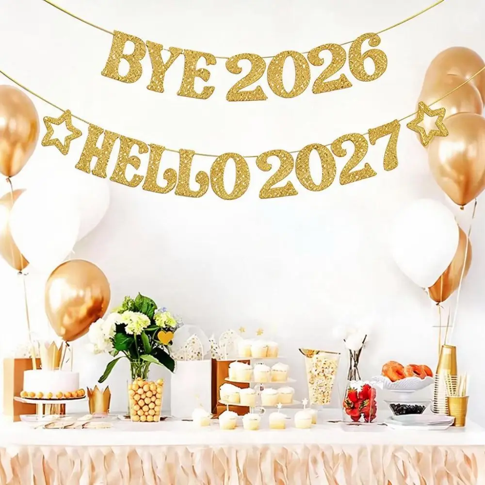 Glitter BYE 2026 HELLO 2027 Banner Golden DIY New Year Party Hanging Flag Festival Paper Party Decoration Banner Indoor