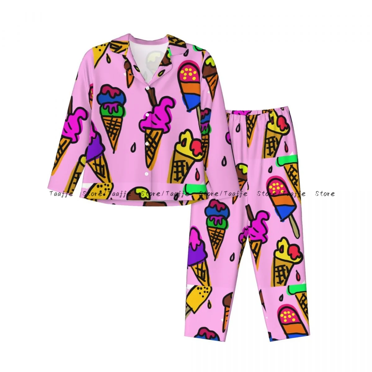 Spring and Autumn Pajama Set Women's Long Sleeve Pants Two Piece Cute Ice Cream Cat Panda Unicorn Home Furnishing Set