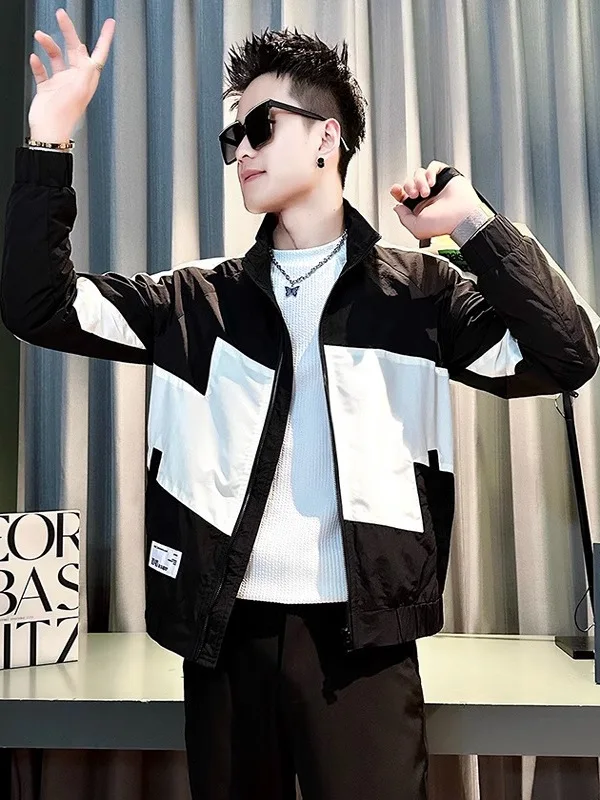 جاكيت رجالي كاجوال بياقة عالية، تصميم عصري بألوان متباينة، ملابس خارجية أنيقة للربيع، إصدار جديد من نسيج البوليستر