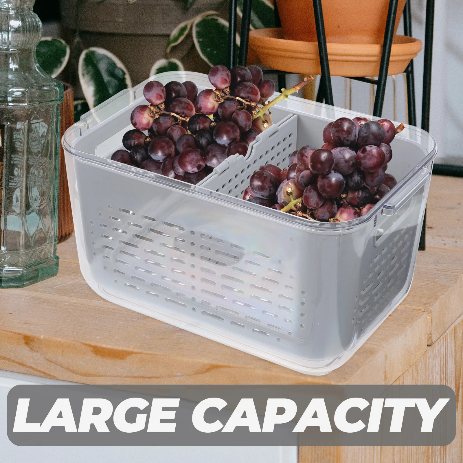 

Fruit Drain Basket Kitchen Strainer Grey Plastic Food Storage Containers for Fridge Vegetable Lettuce Crisper Freezer Organizer