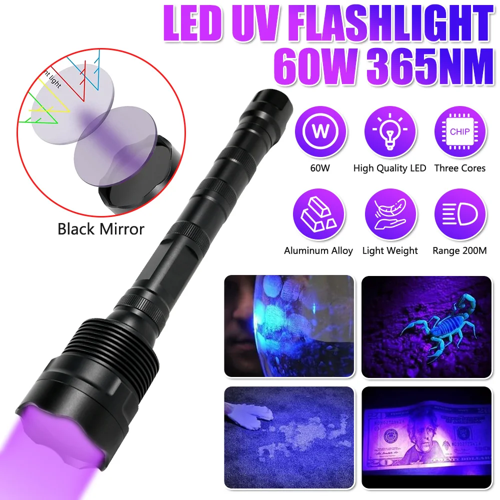 60w LED UV Ultraviolet UV Flashlight 365nm 395nm Torch Flash Lamp For Pet Urine Stains Portable Black Light Violet Flashlights