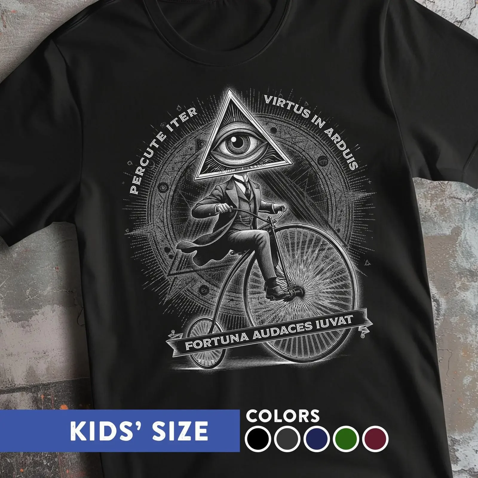 Eye of Providence Penny Farthing Bicycle Kid's T Shirt vintage Washed Unisex fashion Comfortable designer clothes streetwear