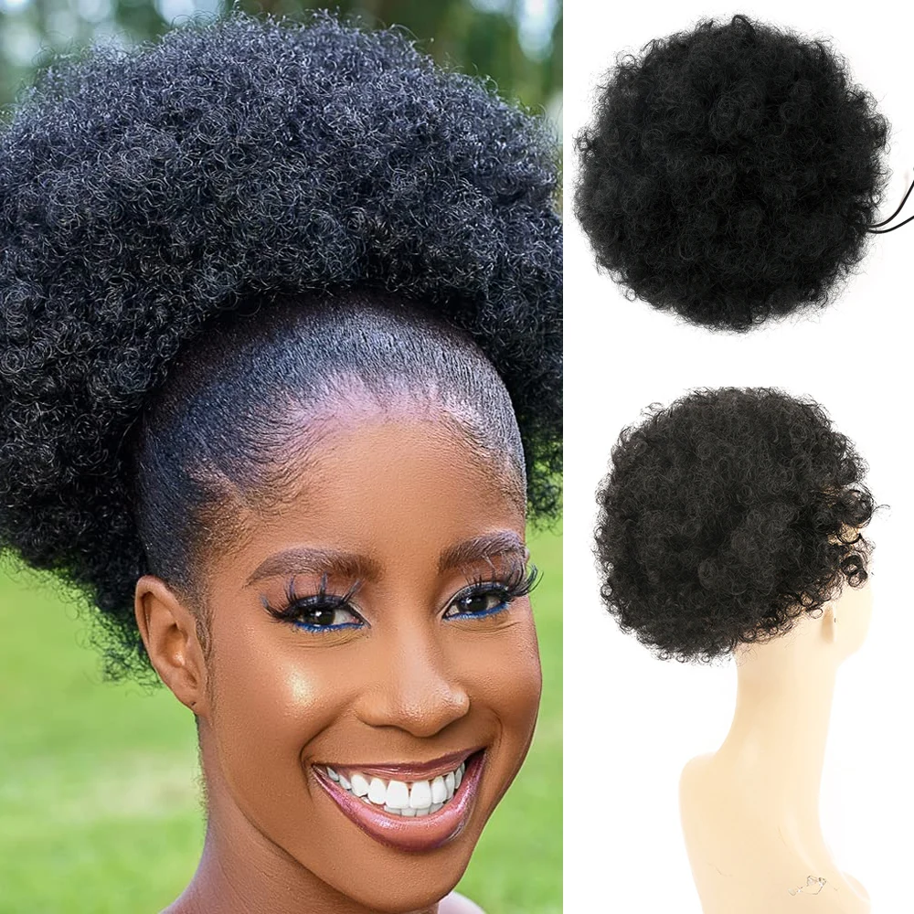 Synthetic Short Kinky Curly Hair 8-12Inch Bun Afro for Women Puff Hair Drawstring Clip in Ponytail Hairpiece Daily Wear