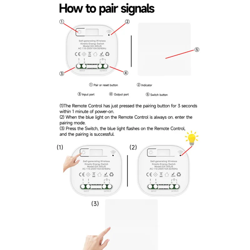 Wireless self-powered switch household  remote control Push button switch on off Wall Light Switch without battery Waterproof