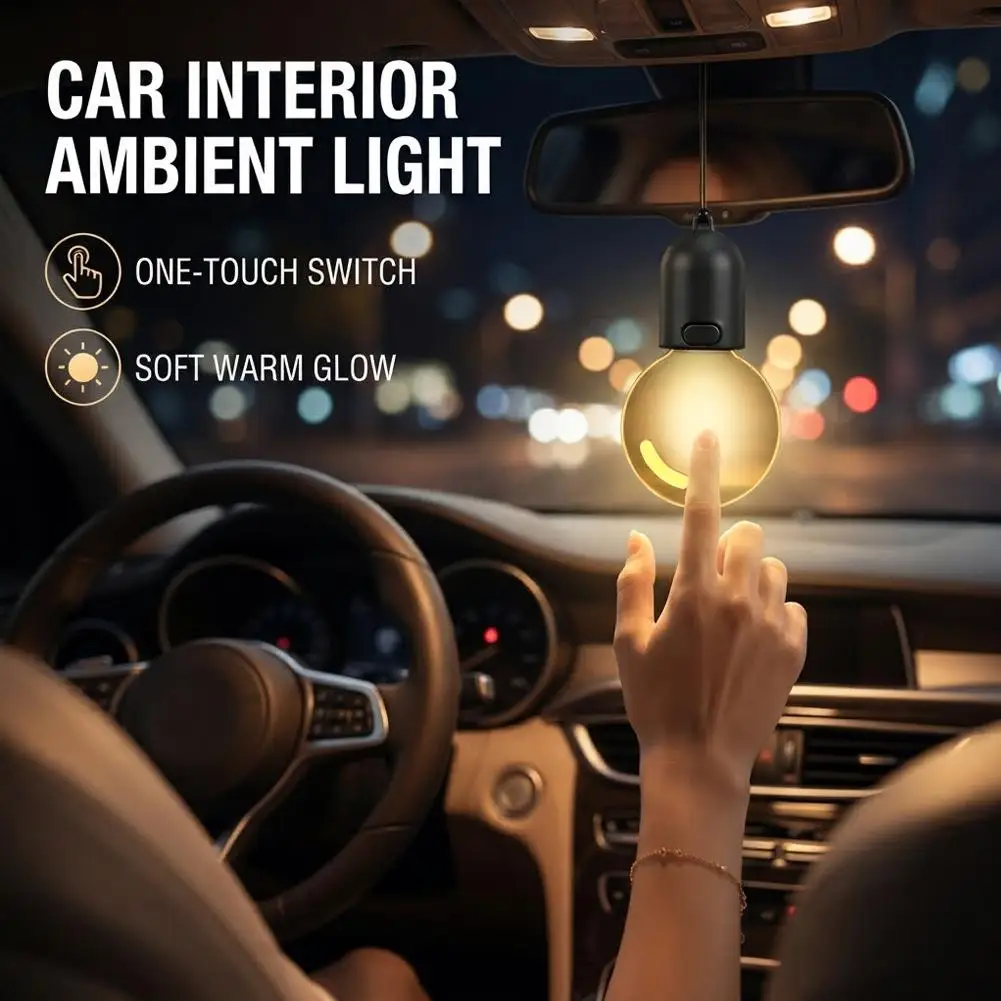 Heart-shaped Smiley Face Mini Bulb Car Ambient Light Wire-Free Rearview Mirror Hanging Ornament Interior Decoration Lamp