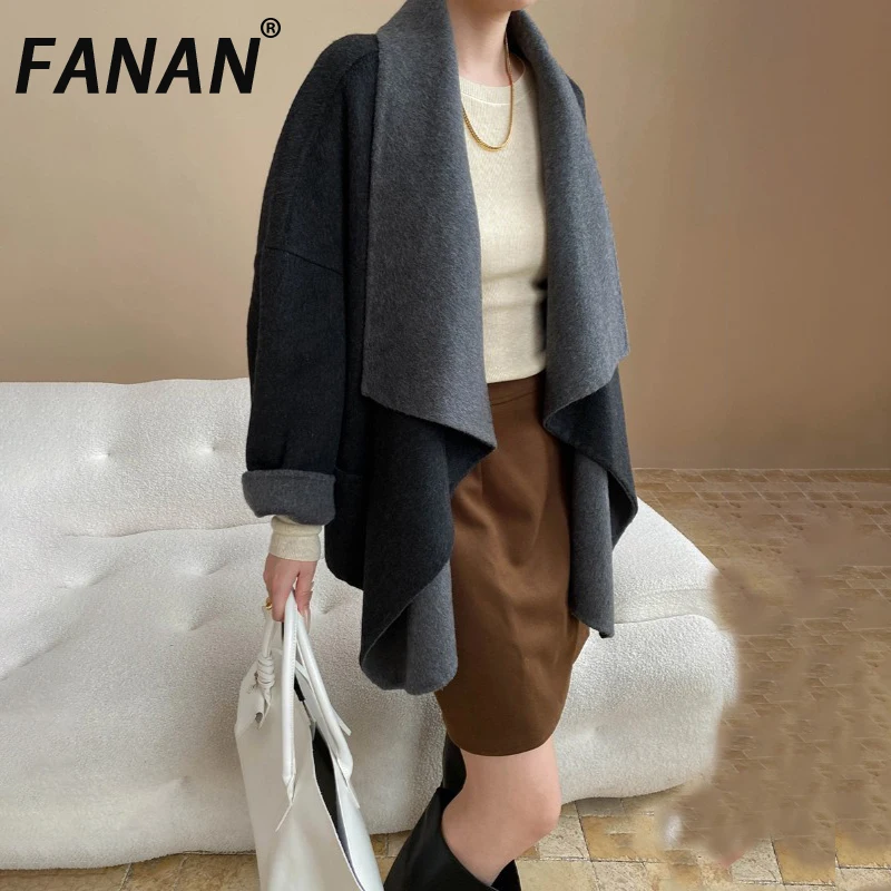 

FANAN Fashion Contrast Color Wool Coats For Women Lapel Irregular Cardigan Long Sleeve Loose Jackets Female Clothing Winter New
