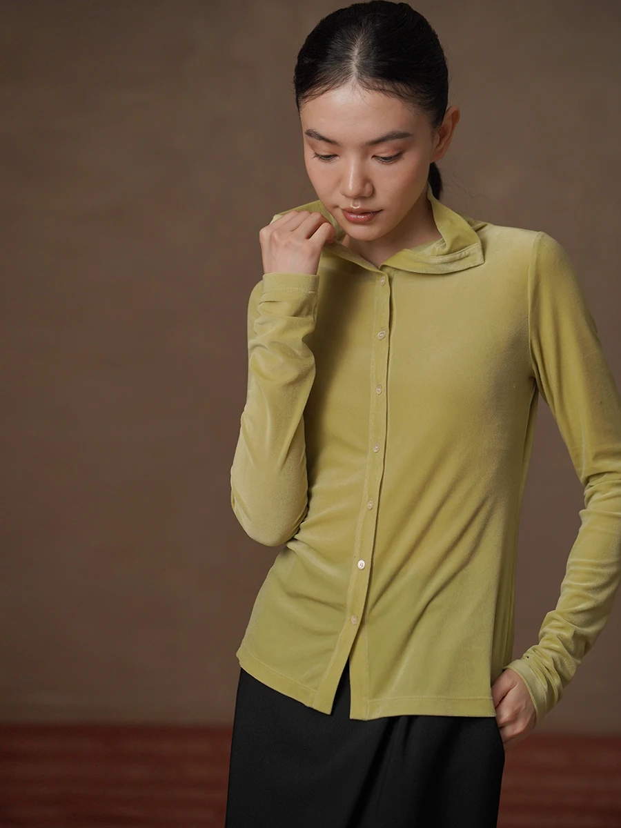 Elegant Velvet High Collar Open Cardigan Women's Slimming Top Spring Freshness Super White Elastic Thin Silk High Neck Body S...