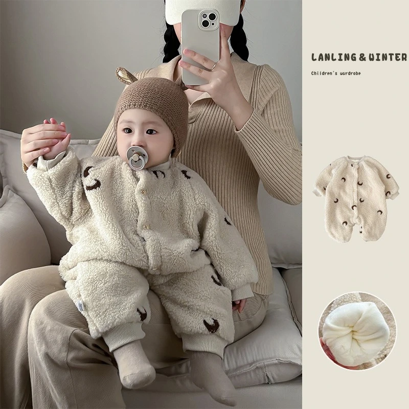 

Cute Star Print Baby Rompers Winter Plush Warm Baby Jumpsuit Winter Thick Bodysuits Newborn Boys Girls Costume 0-1 Years