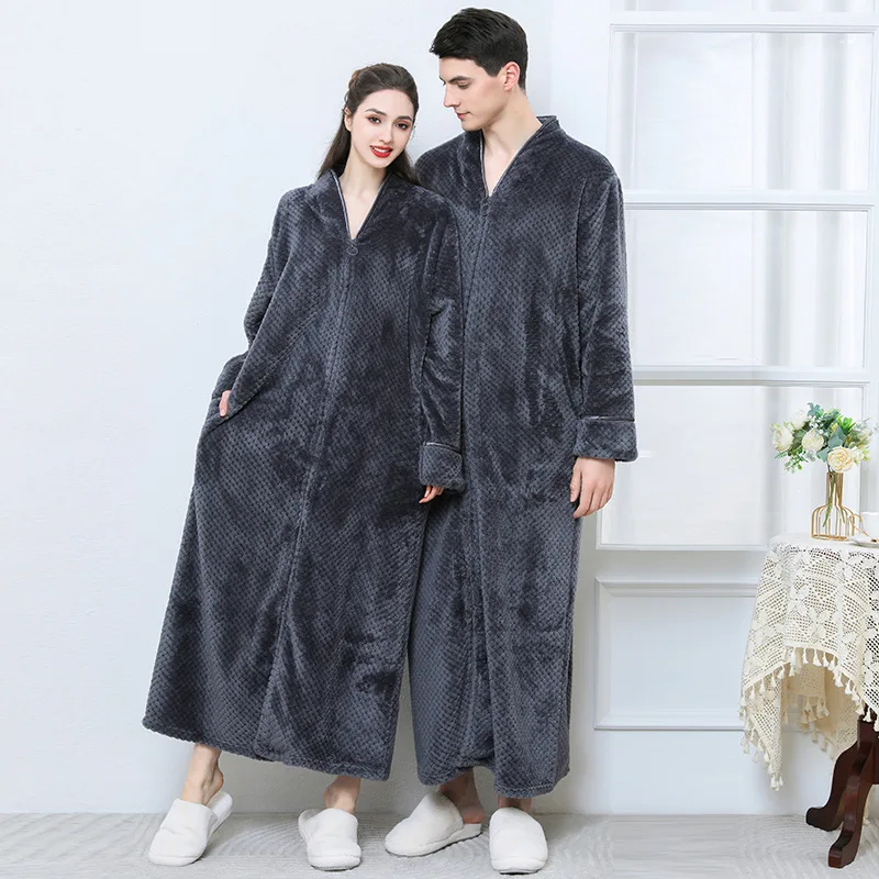 New Thickened Zipper Nightgown Flannel Nightgown Autumn and Winter Sleepwear Solid Color Men\'s and Women\'s Bathrobe