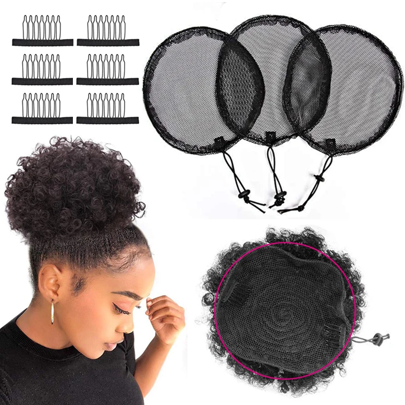 3pcs/bag Hair Net for Making Afro Puff Drawstring Ponytail And Afro Hair Bun Black Glueless Ponytail Hairnet with 6Pcs Wig Combs