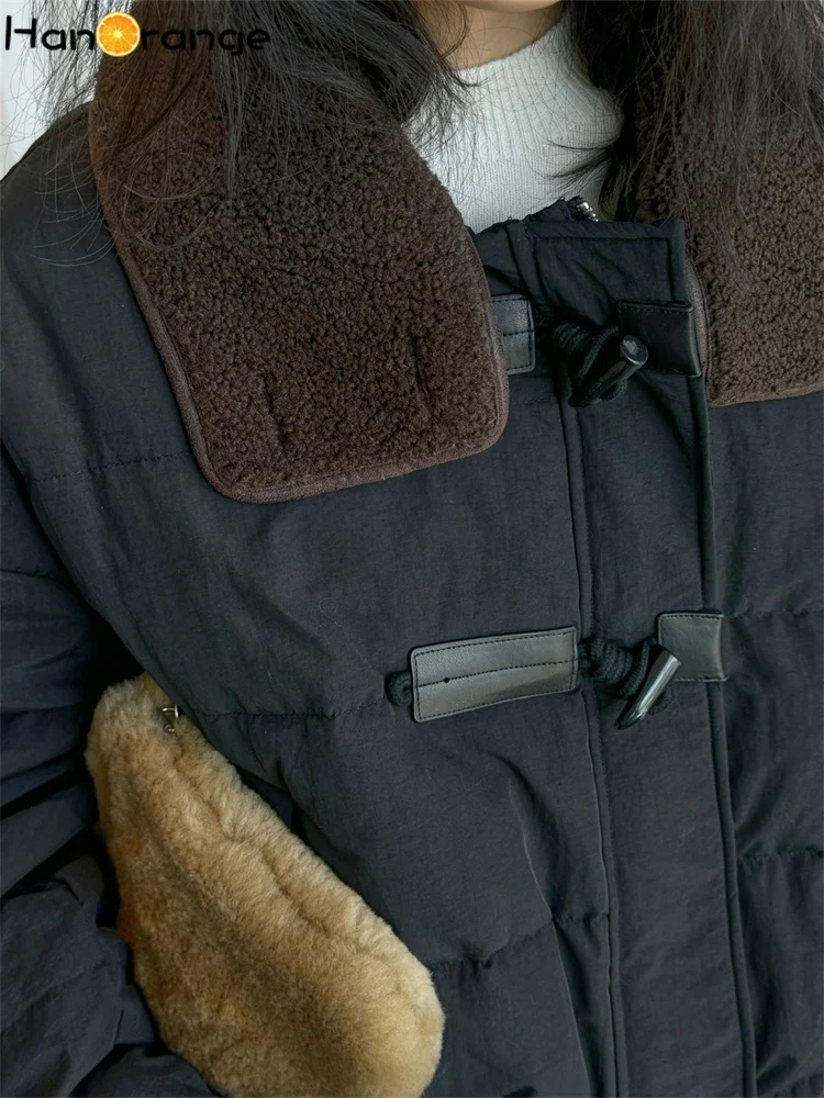 HanOrange 2024 Winter Fake Lambswool Collar Horn Button Padded Jacket Women Loose Silhouette Short Down Jacket Black