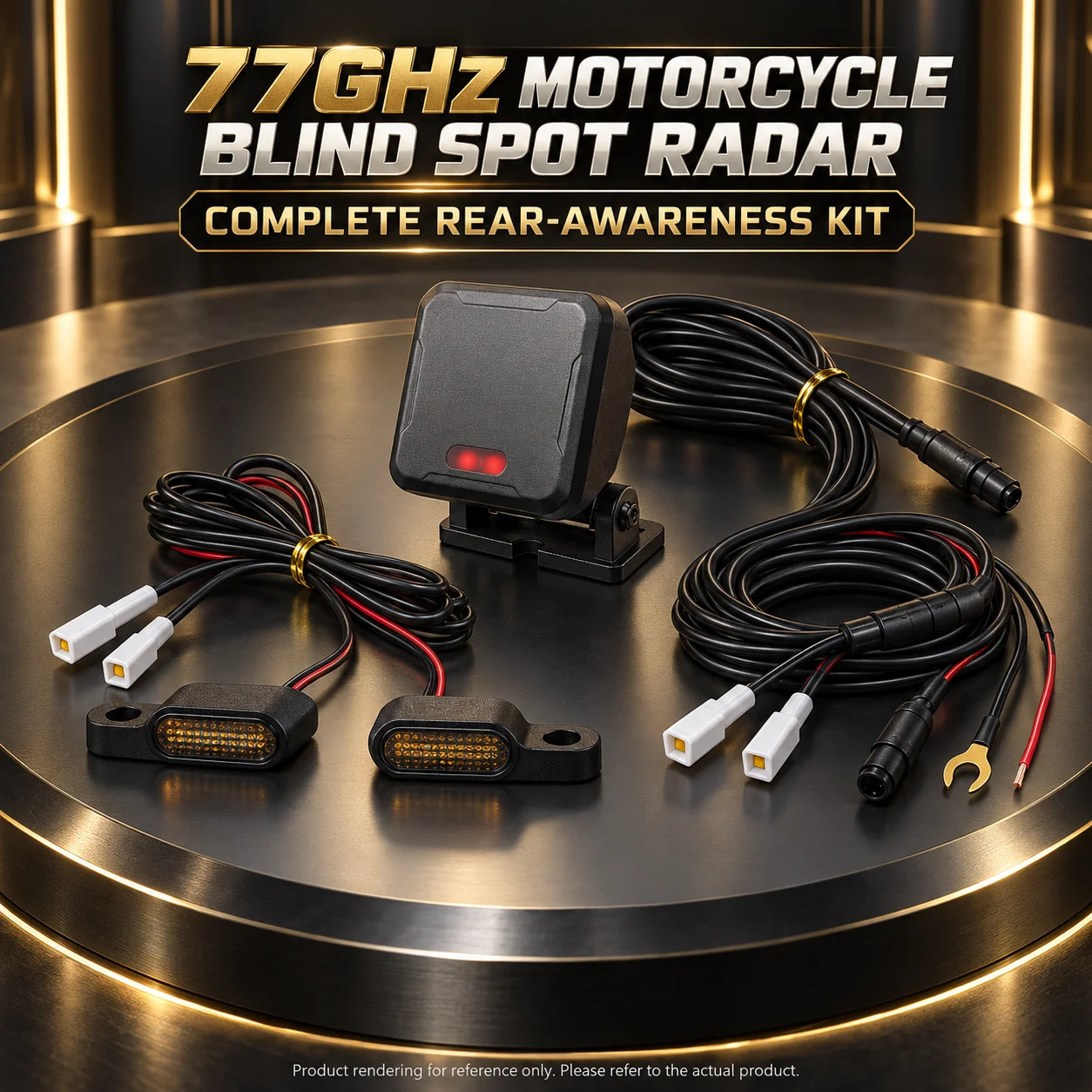 77GHz Motorcycle Aerospace-Grade Rear Radar with Dual Mirror LEDs, BSD 8.4m, LCA 50m and Up to 70m Detection