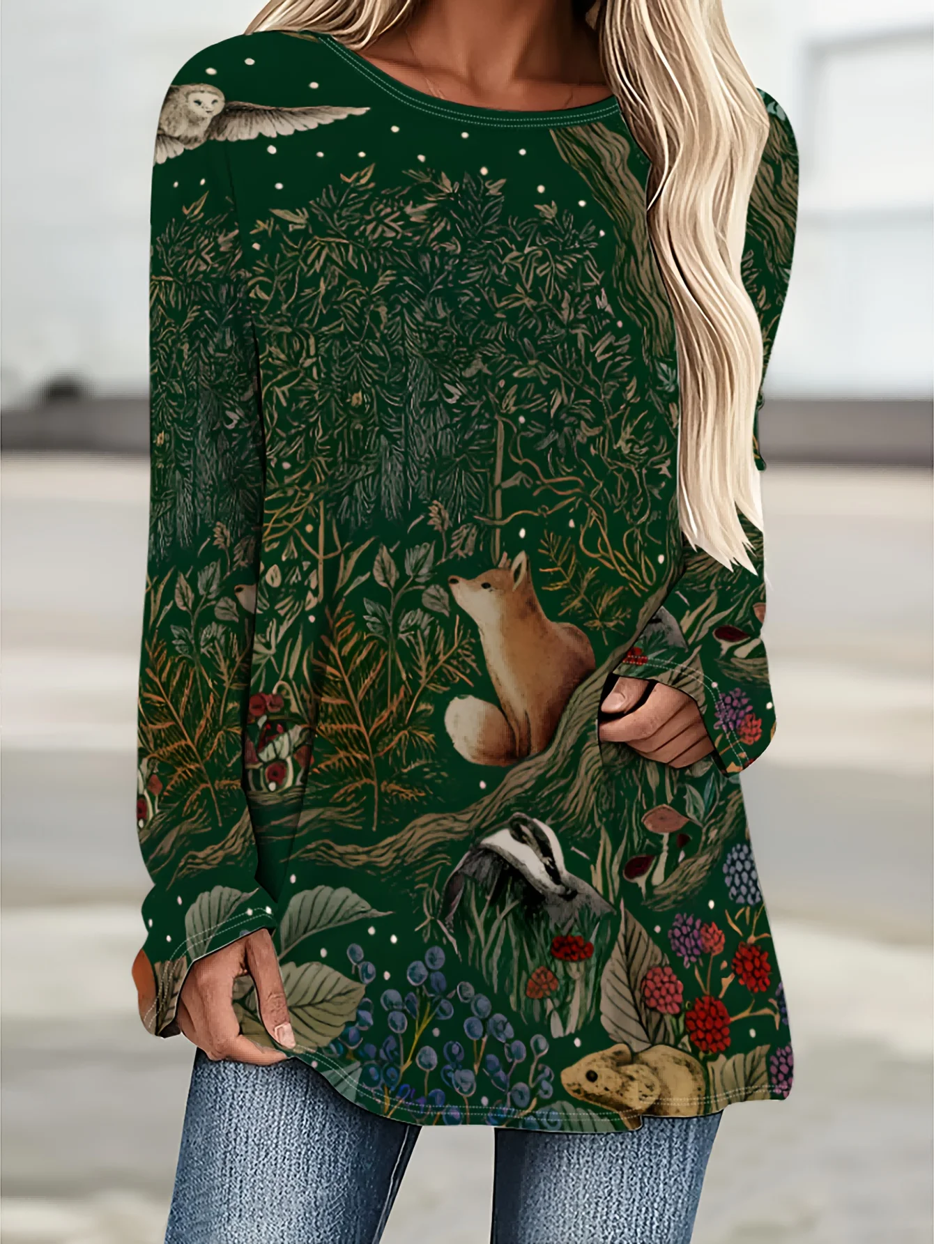 Women Crew Neck Long Sleeve Tunic Top Vintage Forest Fox Bird Animal Botanical Print Casual Loose Fit Ladies Blouse