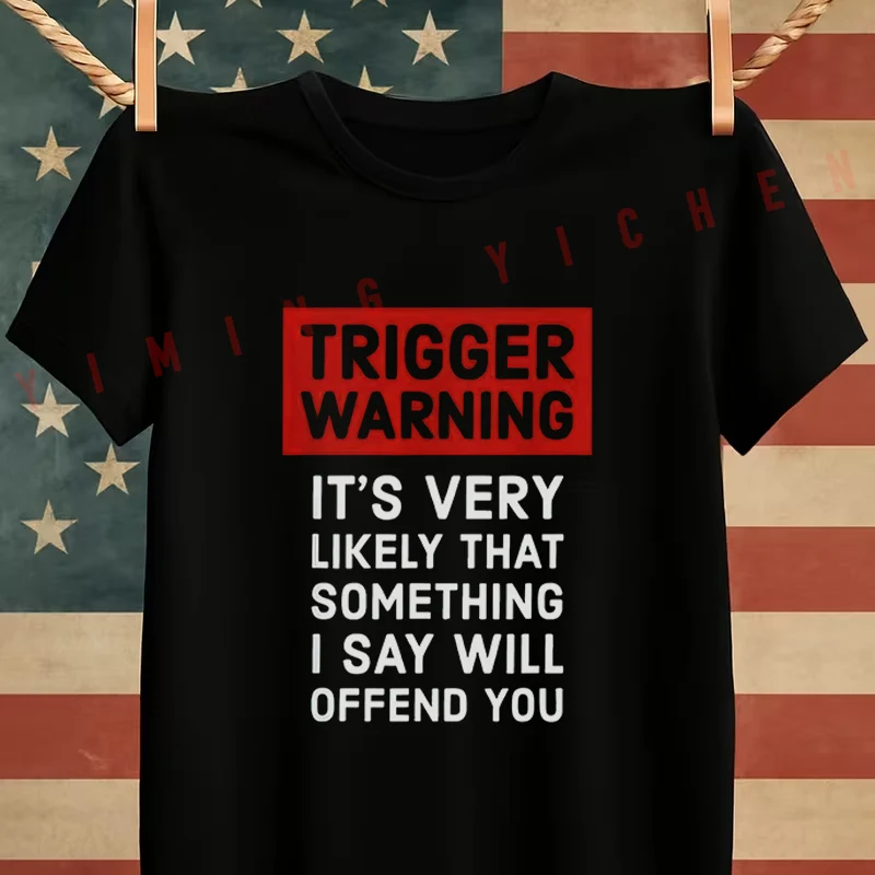 Men's Black Funny TRIGGER WARNING Print Motorcycle Cotton T-Shirt Men's Summer Casual O-neck Short Sleeve Tees