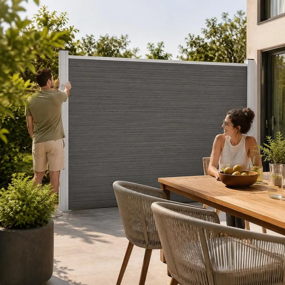 Clôture de jardin en WPC 175x186 cm Gris Parfaite pour les parterres de fleurs, les potagers, les bordures de chemins, les enclos pour animaux et les délimitations de cour.