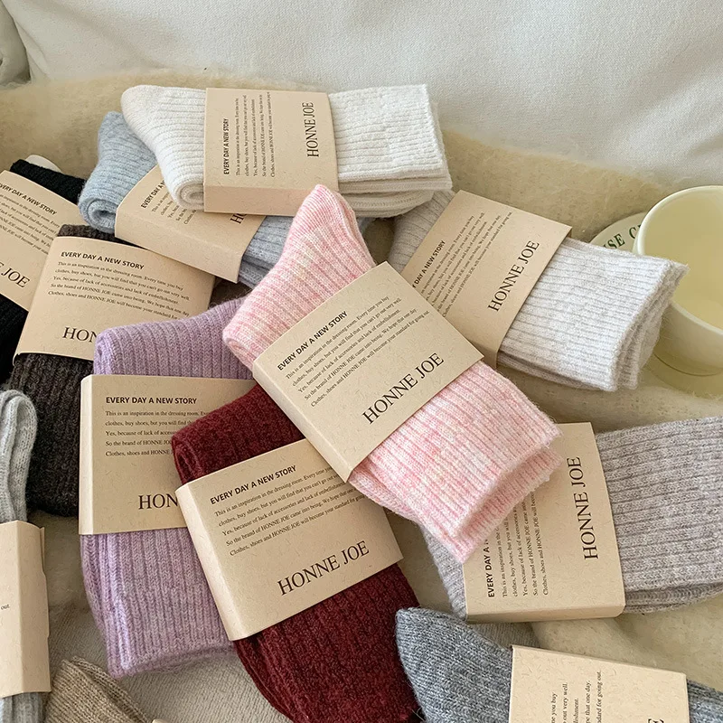 

3 Pairs/Lot New Cashmere Wool Socks Women's Winter Thicken Warm Black White Pack Set Thermal Japanese Fashion Solid Colorful