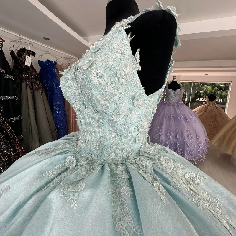 Aqua blau V-Ausschnitt Prinzessin Quince anera Kleider 2024 Applikationen Schnür korsett von der Schulter Vestidos de 15 Años Abschluss ball