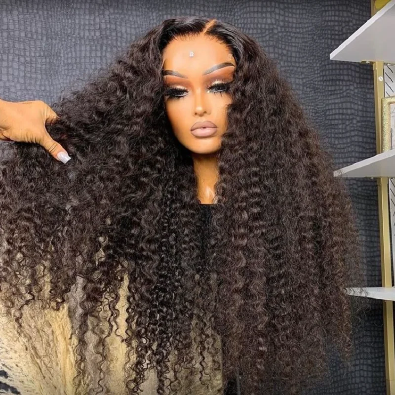 Glueless Kinky Curly Lace Front Wig para mulheres, longo macio Natural preto, cabelo do bebê, pré-arrancado, resistente ao calor, 180 Densidade, 26"