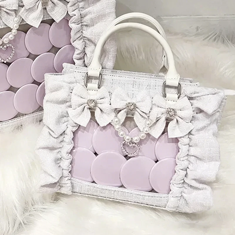 Y2k Ita-Tasche für Mädchen mit großem Fassungsvermögen, Rüschen-Schleifen-Dekor, Preppy-Style-Handtasche, JK-Uniform-Tasche, japanische transparente Tasche mit Taschen – Detail 15