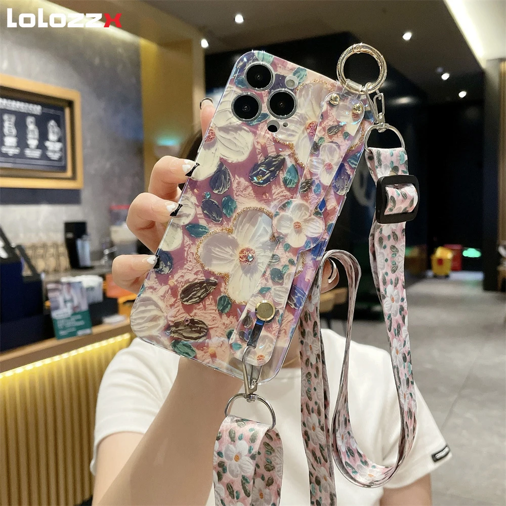 Crossbody Floral Rope Camellia Painting Phone Case For iPhone 15 14 13 12 11 Pro Max XS 8 7 Plus Lens Protector Shockproof Cover