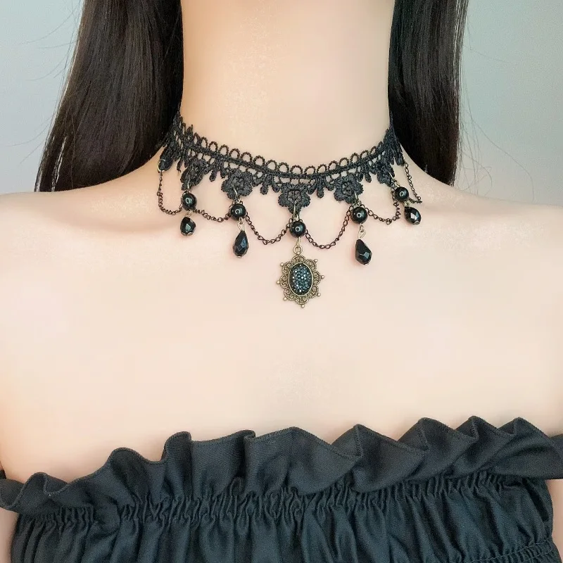 Korean Fashion Sexy Lace Flower Choker Necklace for Women Black Crystal Tassels Gothic Charm Halloween Jewelry Christmas Gifts